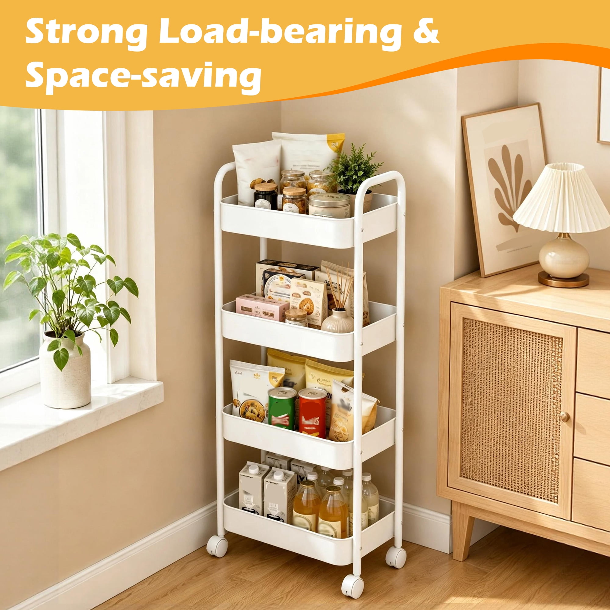 4‑Tier Rolling Metal Storage Cart, Metal Rolling Utility Cart, Mobile Utility Organizer Shelf with Lockable Wheels, Multifunctional Rolling Trolley for Kitchen, Bathroom, Living‑Room and Bedroom
