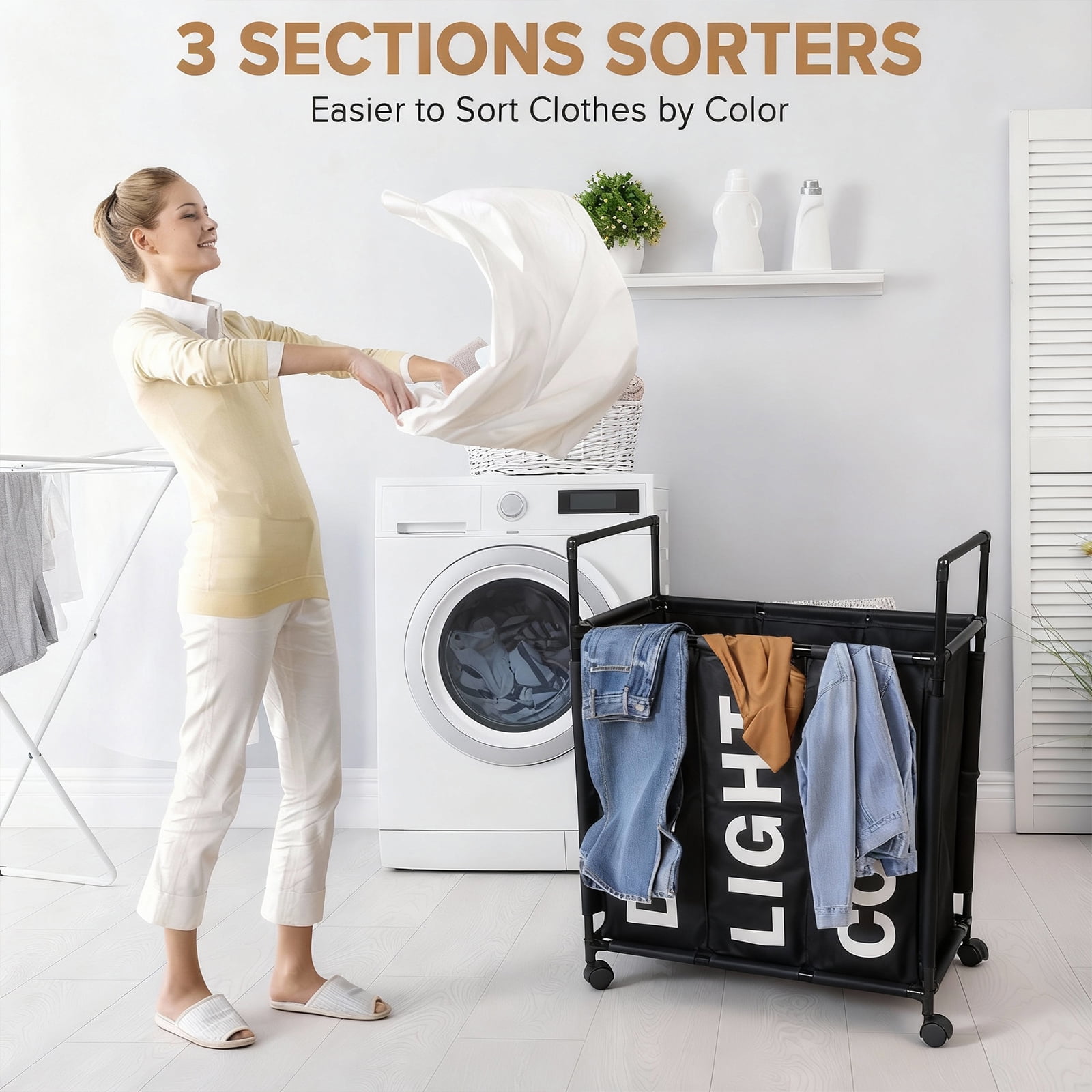 3 Section Laundry Basket with Wheels and Lids, 150L Rolling Laundry Hamper with Handle, Sorter for Clothes Toys Sundries (Black)