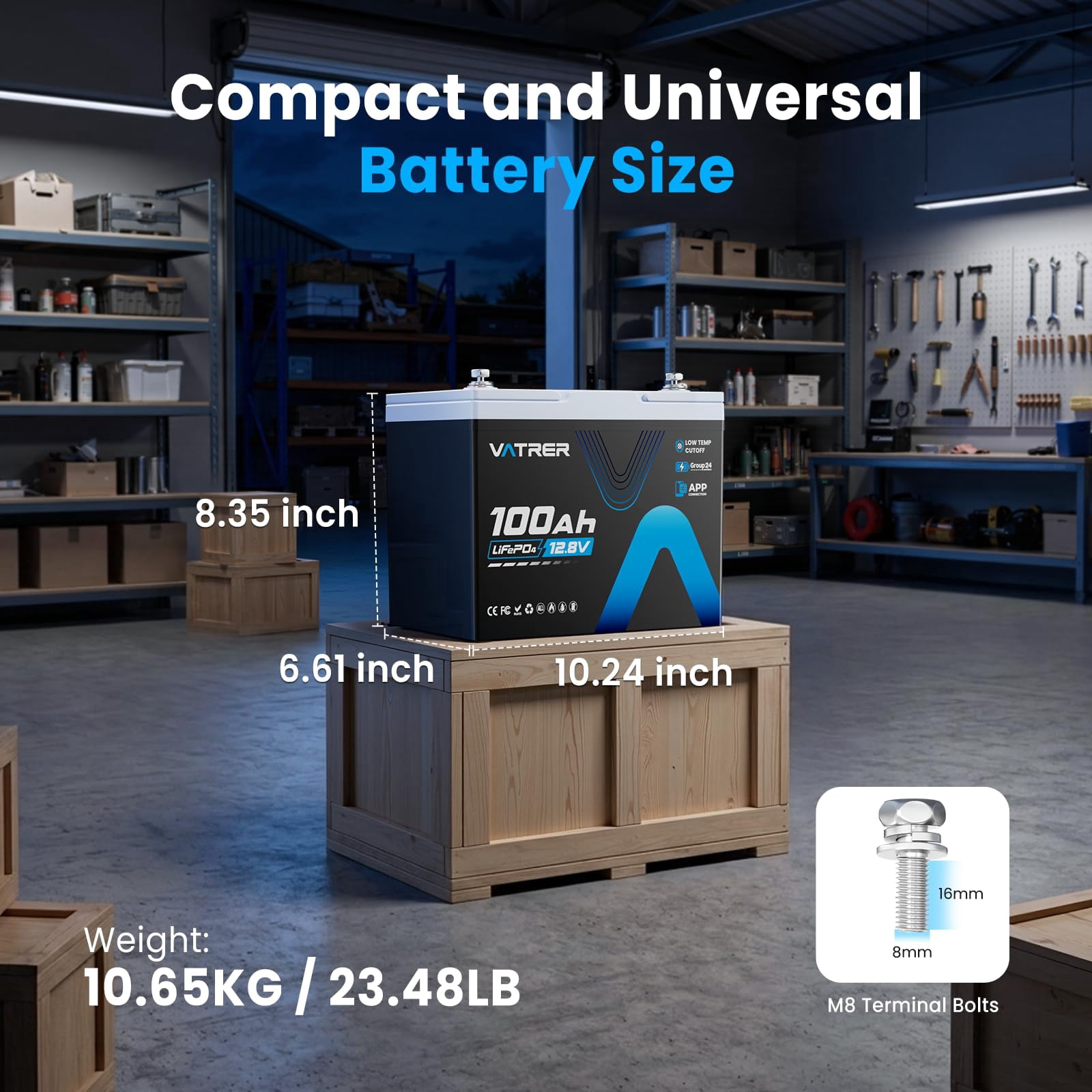 VATRERPOWER 12V 100Ah Group 24 Lithium Deep Cycle Battery, 150A BMS Rechargeable LiFePO4 Battery for Trolling Motor, RV, Boat, Home Energy Storage