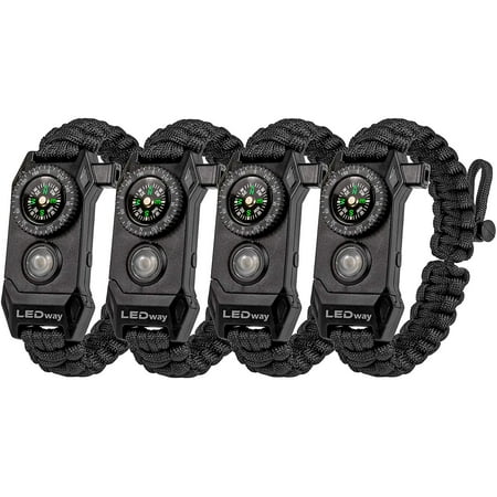 - A2S Protection LEDway Paracord Bracelet Tactical Survival Gear Kit 6-IN-1-70% Larger Compass LED SOS Emergency Function Flashlight -Fire Starter Emergency Knife & Whistle (4pcs Set Black)