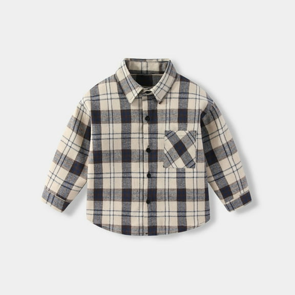 Eltusu Boys Button-Down Shirts, Lapel Collar Breathable Cotton Long Sleeve Plaid Shirts Khaki Size 4-10 T