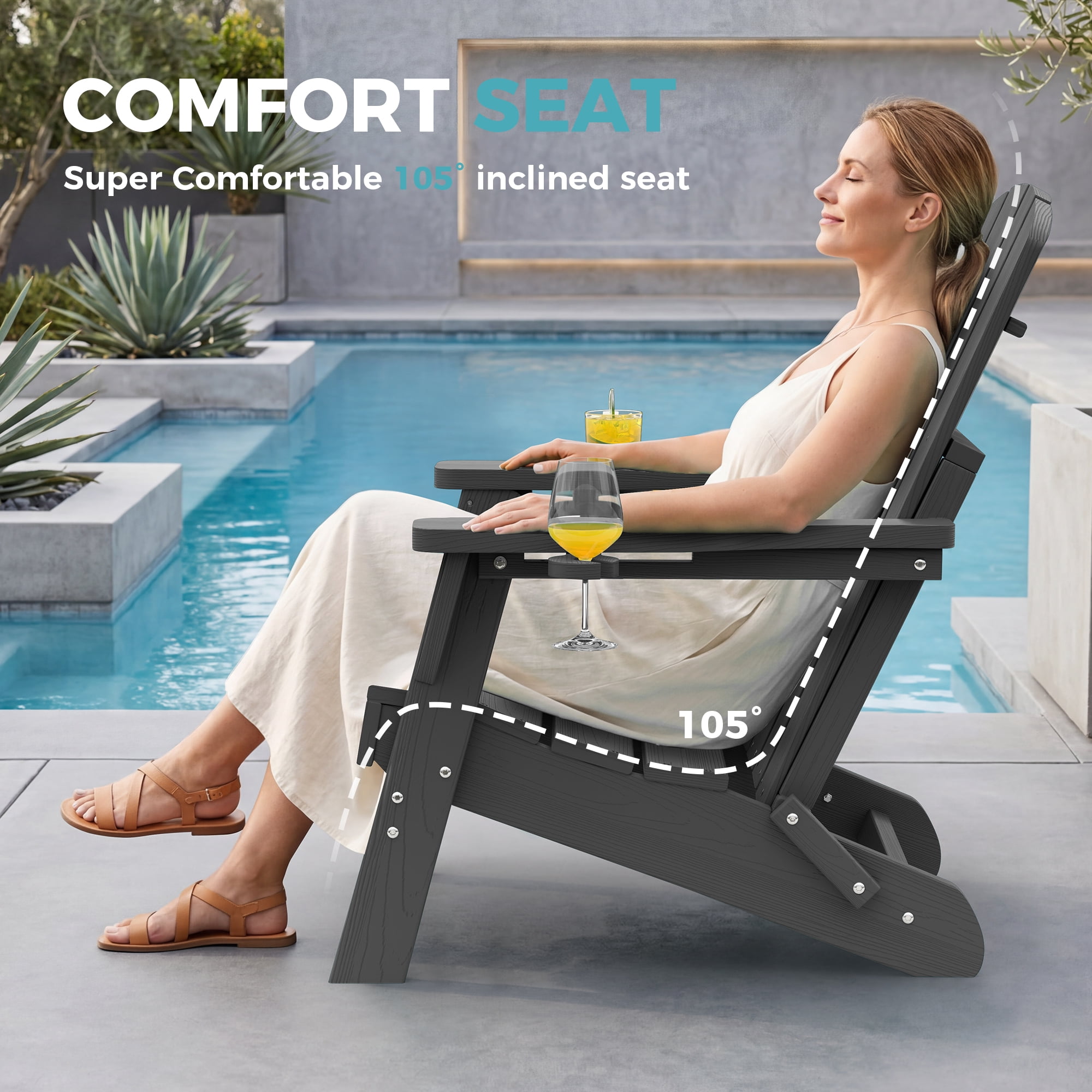 Outdoor Adirondack Chair, Outdoor Folding All-Weather HDPE Adirondack Chairs with 2 Cup Holders for Patio, Gray