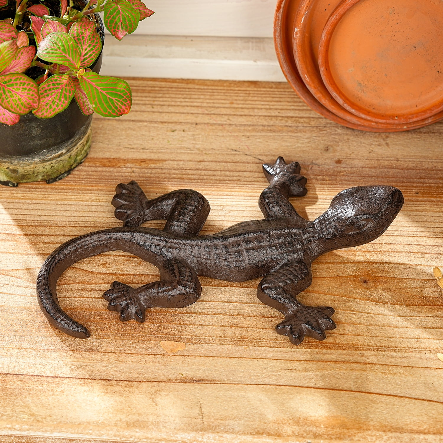 Sungmor Cast Iron Lizard Statue,Vintage Outdoor Animal Collection Figurines,Home Office Shelf Decor,Garden Lawn Adorable Ornament,Vintage Brown Finish - Straight Tail
