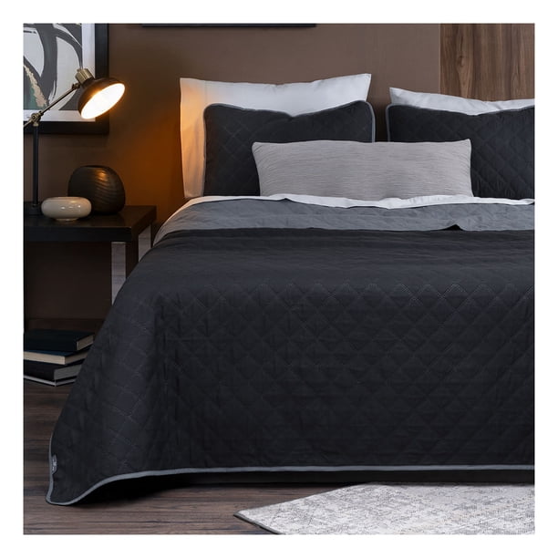 Edredón Ligero Real Textil + 2 Fundas de Almohada, Juego de Colcha Matrimonial, Color Negro/Gris