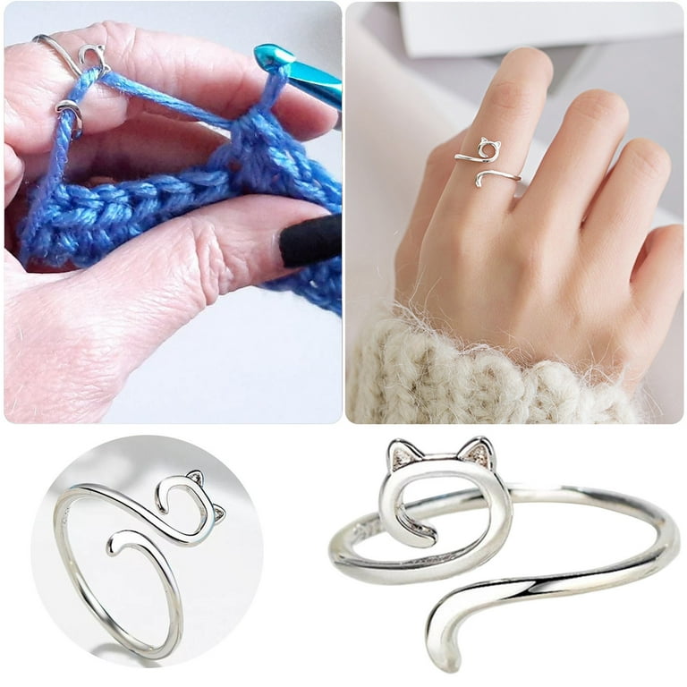 Fdelink Crochet Ring Ring Yarn Ring Cat Ears Adjustable Size Beginner  Knitting Crocheting Gift Crochet Tension Regulator Tool Finger Ring Gift  Silver 