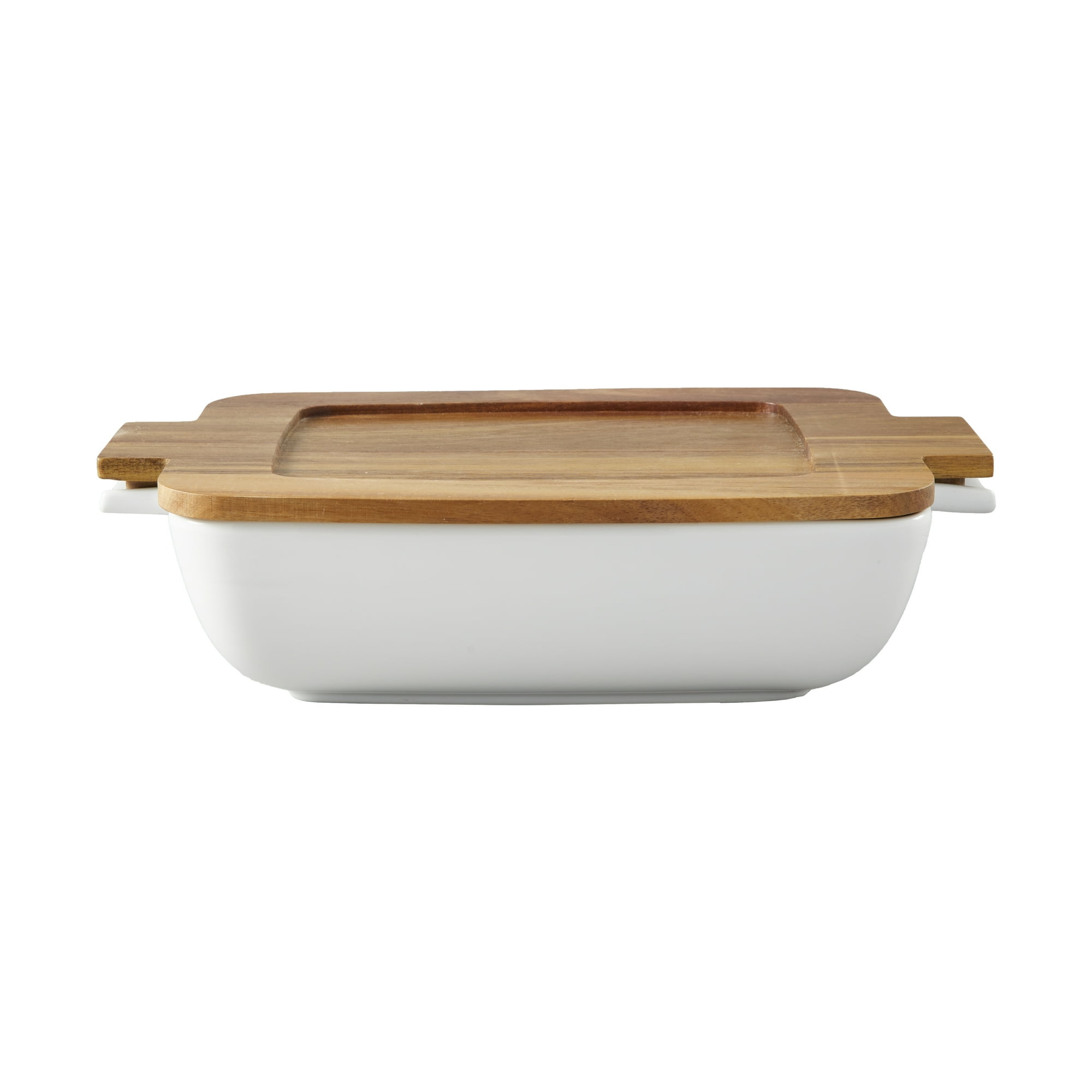 Better Homes & Gardens Show Serve Rectangular Stoneware Baking Dish with Acacia Lid, White, 13.39 in x 9.06 in x 3.39 in