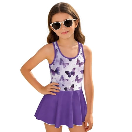 COEQINE Girls Bathing Suit One Piece with Full Coverage Skirt & Built-in Panty Scoop Neck Tankini Style Cute Swimsuit for Active Girls 8-9 Years Purple Butterfly
