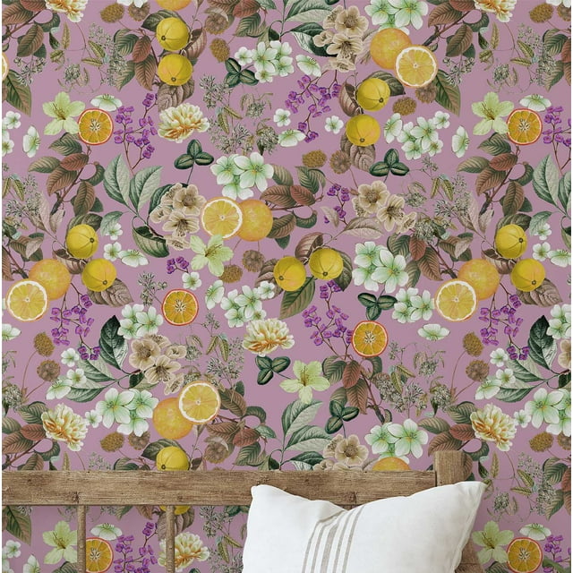 S4sassy Self-Stick Decorative Wallpaper, Tropical Citrus Blossom Wall Paper, Vinyl Waterproof Contact Paper, Purple, 25"x120" Removable Renter Friendly Wall Covering For Bedroom, Dining room