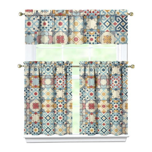 Artistic Rustic Kitchen Curtain Set Boho Tier and Valance Bohemian Vintage Tribal Style Earthy Nordic Aesthetic Rod Pocket Window Curtains