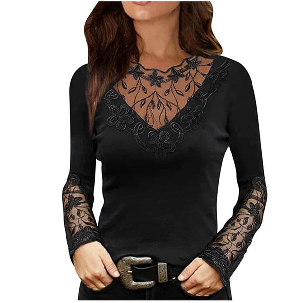 Moda mujer Rounk cuello encaje manga larga camiseta otoño sólido ahueca hacia fuera blusa Tops Fridja gope4636