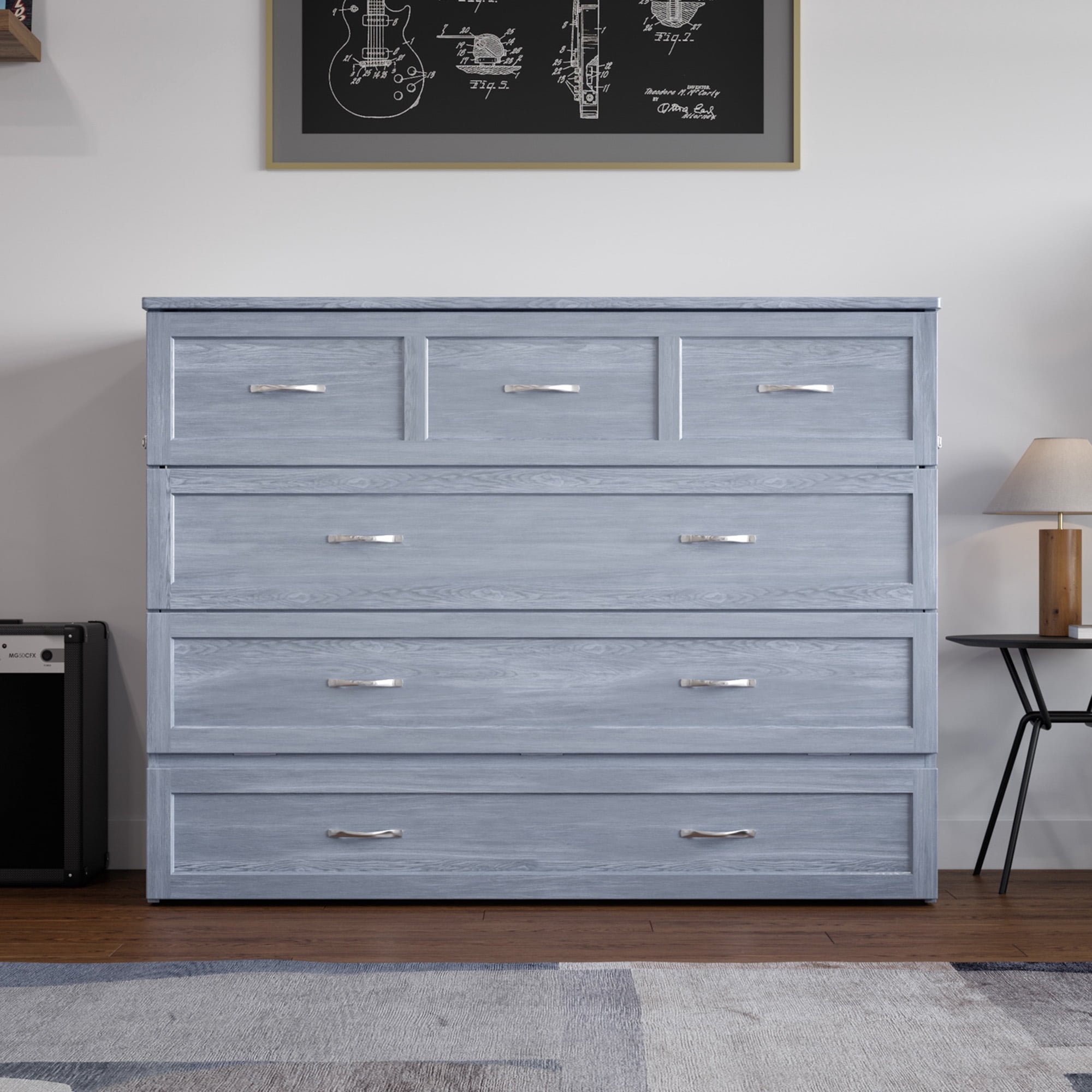 AFI Northfield Full Wood Murphy Bed Chest with 6" Mattress, Drawer & Charger, Driftwood