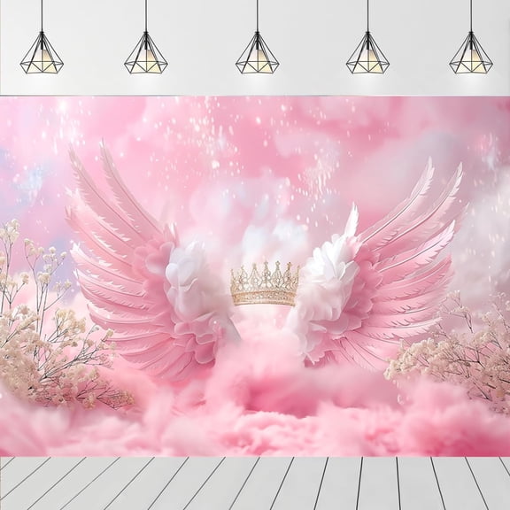 Pink Angel Wings Backdrop Dreamy Pink Wings Cloud Baby Shower White Floral Newborn Shower Birthday Party Decorations Banner Supplies Photo Booth Props