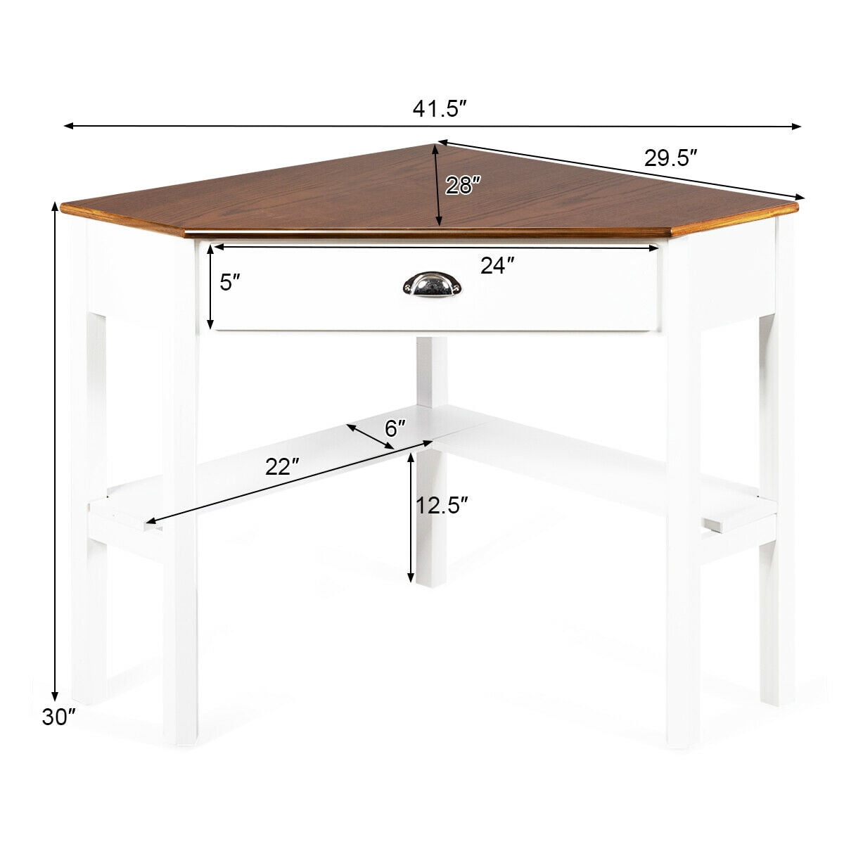 Costway Triangle Computer Desk Corner Office Desk Laptop Table w/ Drawer Shelves Rustic Natural &White