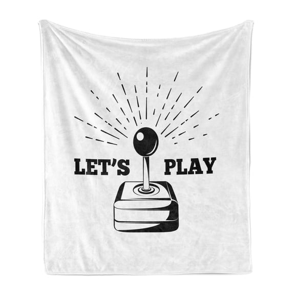 Gaming Soft Flannel Fleece Blanket, Lets Play Typography Game Vintage Joystick 80's Arcade Room on Plain Background, Cozy Plush for Indoor and Outdoor Use, 70" x 90", Charcoal Grey, by Ambesonne