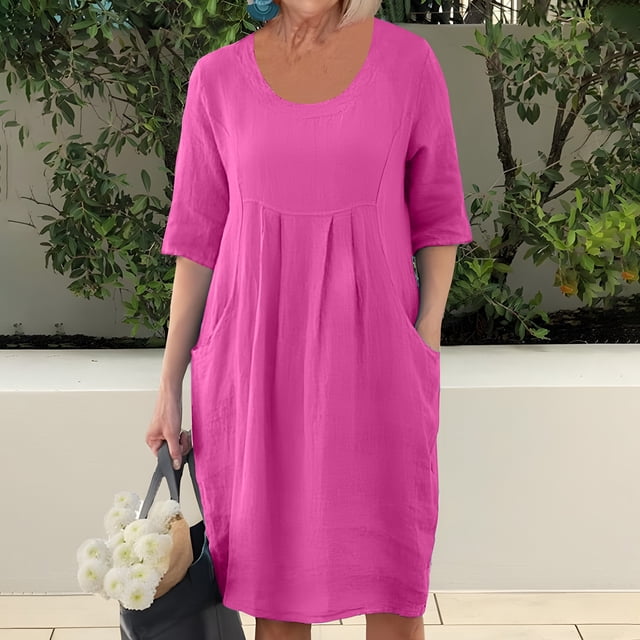 Puntoco Vestido Casual Suelto De Moda Para Mujer Vestido Recto De Color Sólido Con Bolsillo Y Cuello Redondo Vestido De Longitud Media Vestido De Manga Corta Con Cuello Redondo Rosa Rojo M