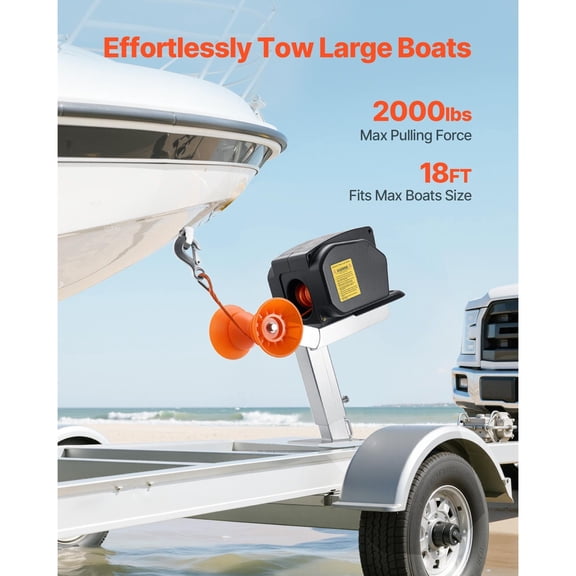 Electric Boat Winch 12V DC 300W Reversible Trailer Winch for Boats Up to 2000 lbs Power-In Power-Out Freewheel Operations with Wired Remote Control and Hand Crank