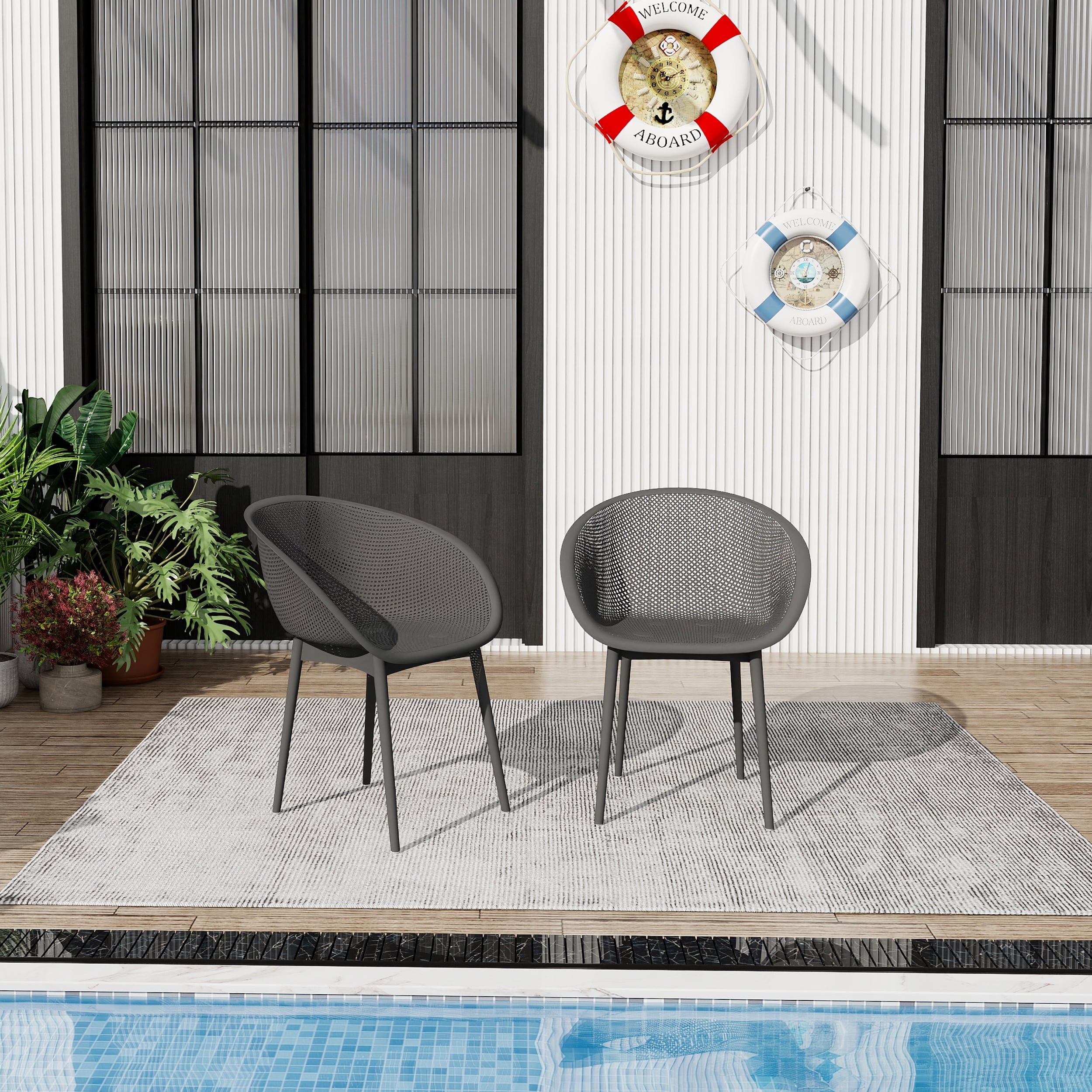 Plastic Lounge Chair, 2 Pack Lightweight Leisure Chair for Patio Beach Garden Backyard, Warm Grey