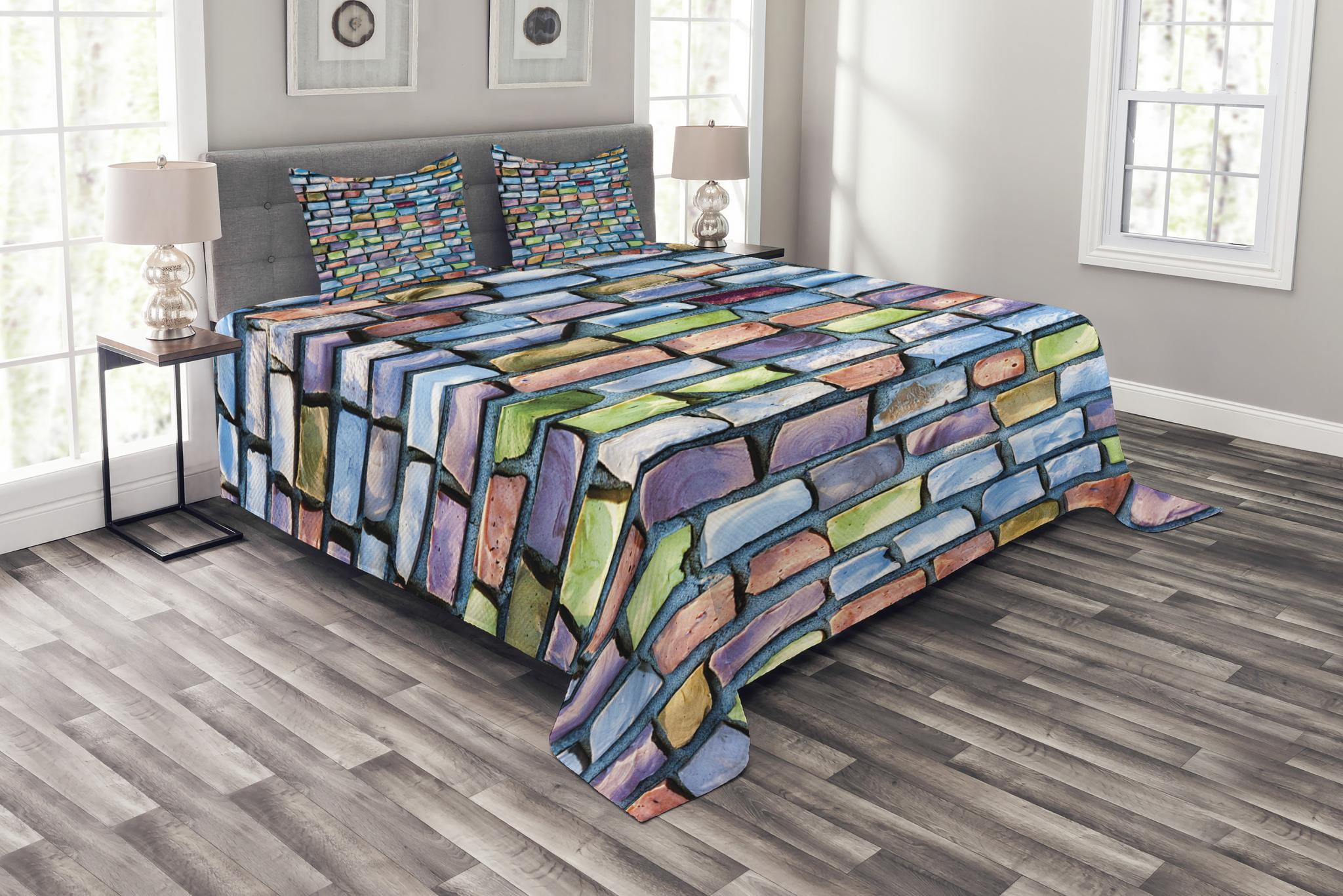 Geometric Bedspread Set Queen Size, Colorful Mosaic Tiles Pattern Brick