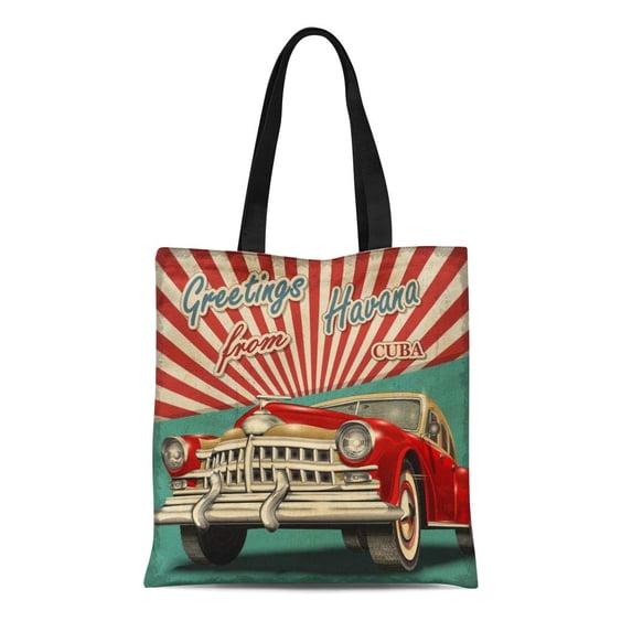 KDAGR Canvas Tote Bag Old Vintage Touristic Retro Car Havana Cuba 1950S Travel Reusable Shoulder Grocery Shopping Bags Handbag