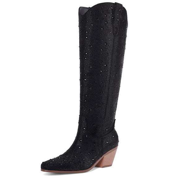RONILURN Knee High Rhinestone Cowgirl Boots Sparkly Bling Cowboy Boots for Women Western Chunky Heel Fashion Comfortable Side Zipper