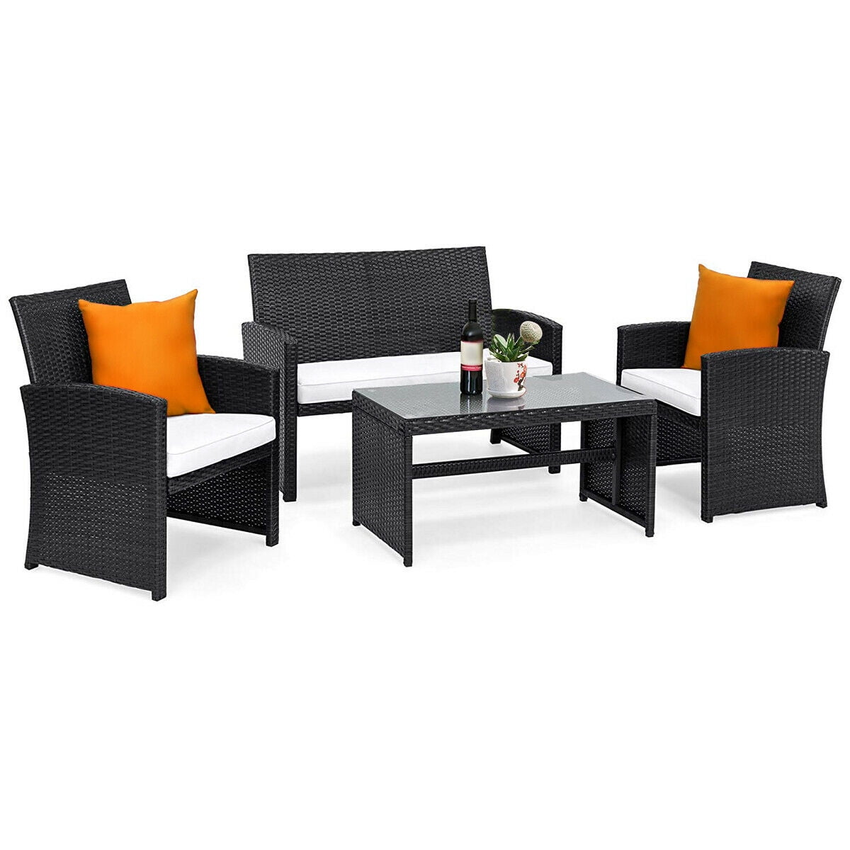 Costway 4 Pc Rattan Patio Furniture Set Garden Lawn Sofa Wicker Costway 4 Pc Rattan Patio Furniture Set Garden Lawn Sofa Wicker Cushioned Seat Black Com