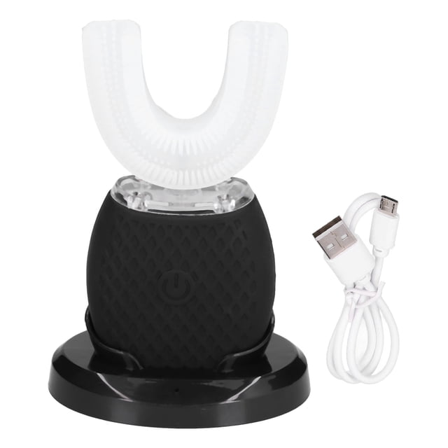 Cepillo de dientes ultrasónico automático blanqueador de 360° en forma de U, cepillo de dientes eléctrico ultrasónico para blanquear los dientes, negro