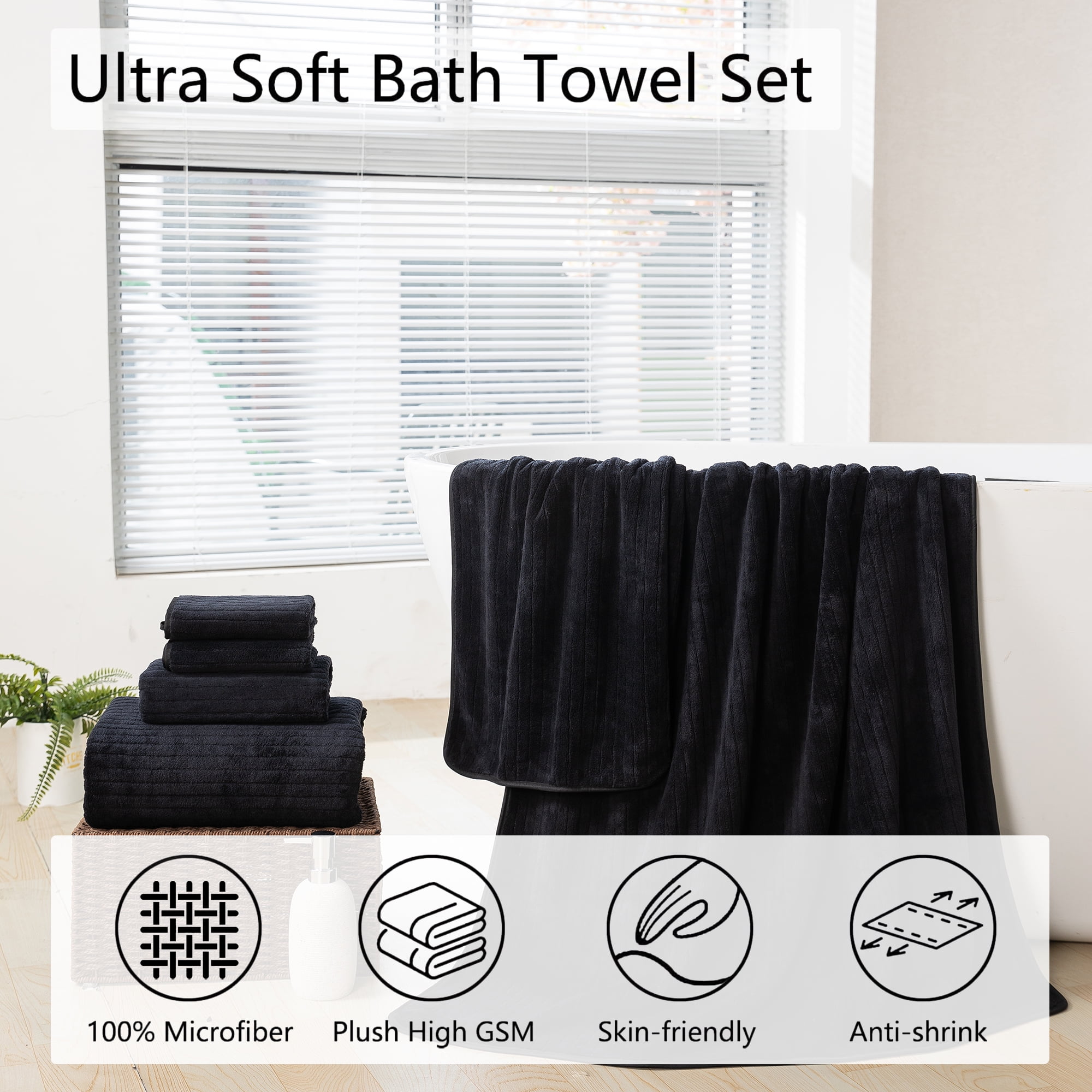Jessy Home 4 Pack Black Stripe Large Bath Towels Set Oversized Microfiber Bath Sheet Soft Towel Set