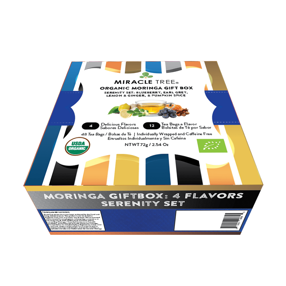Miracle Tree - Gift Box with Organic Moringa Superfood Tea, 48 Individually Sealed Tea Bags (4 Flavors: Blueberry, Earl Grey, Lemon Ginger, Pumpkin Spice) - Serenity Combo