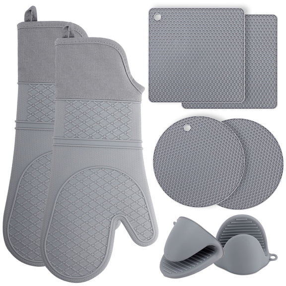 TINANA Extra Long Silicone Oven Mitts Pot Holders Sets, Heat Resistant Oven Mittens with Mini Oven Gloves and Hot Pads Pot Holders for Kitchen Baking and Cooking, 8 Pcs