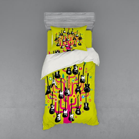 Ambesonne Music Bedding Set 3 Pcs, Guitars for Rock Stars, Twin, Hot Pink Apple Green
