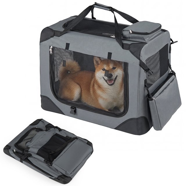 Gymax 28'' Collapsible Soft Dog CratePortable Dog Travel Crate w/Mesh Windows 3 Doors