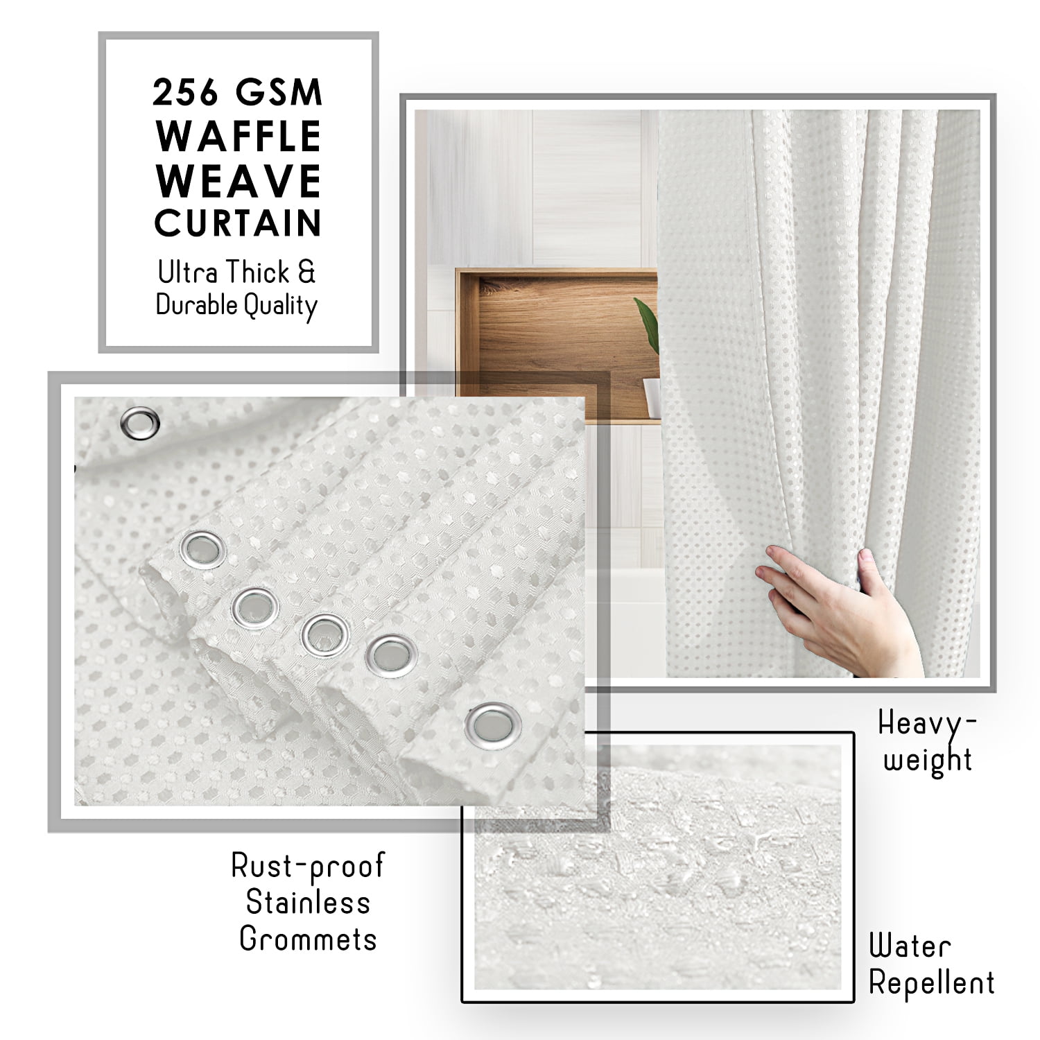 (3 pack) LammaLoe White Shower Curtains, Waffle Weave Heavy Duty Fabric Shower Curtain, 72” x 72" Hotel Luxury 256 GSM Bathroom Curtains