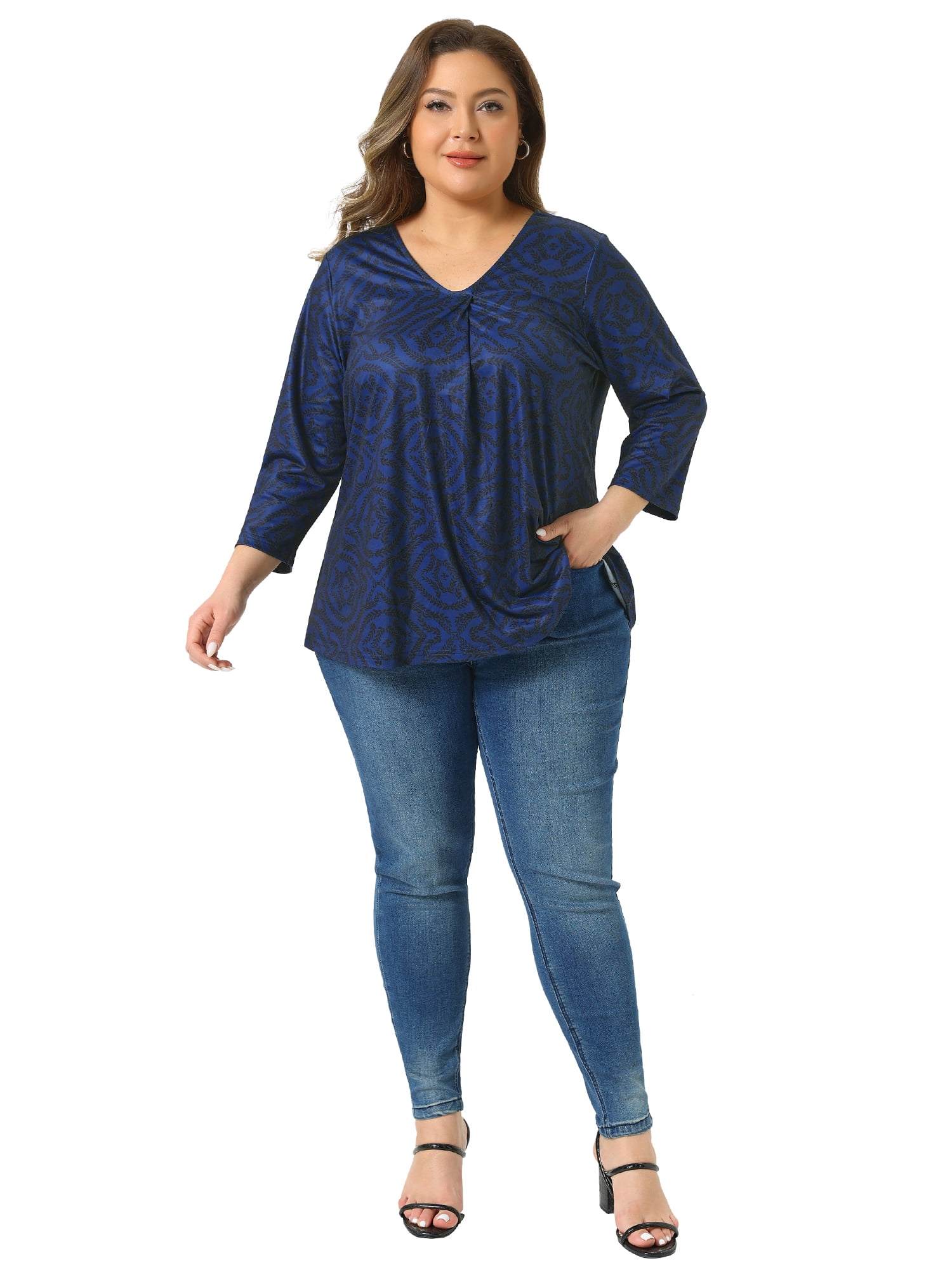 DARING DIVA Women's Plus V Neck 3/4 Sleeve Botanical Print Blouse Tunic Top 2X Navy Blue