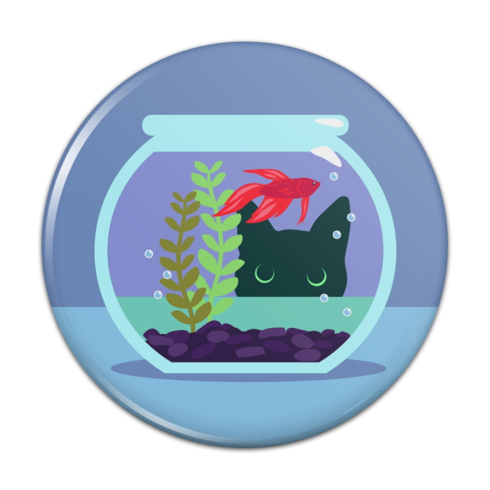 Black Cat Staring at Betta Fish Bowl Pinback Button Pin