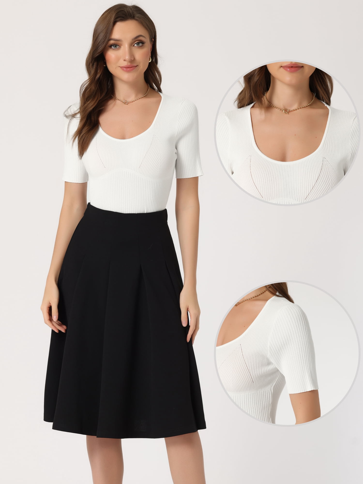 Unique Bargains Women's Square Neck Short Sleeve Knit Pullover Fitted Ribbed Tops L White