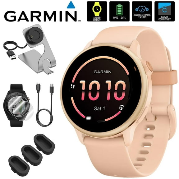 Garmin 010-02985-03 VIVOACTIVE 6 Health & Fitness GPS Smartwatch, Pink Dawn with Silicone Band Bundle with Deco Essentials Charging Dock, Type C Charger, Silicone Dust Covers & 2x Screen Protector