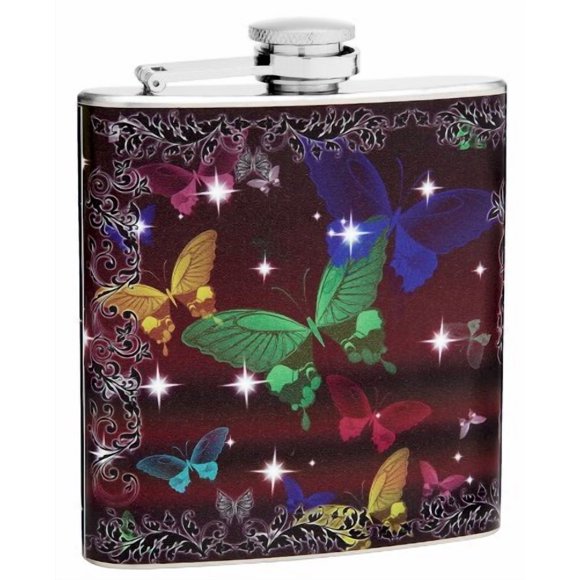 Hip Flask Holding 6 oz - Rainbow Butterflies Design - Pocket Size, Stainless Steel, Leak Proof, Screw-On Cap - Green, Blue, Purple, Turquoise and Yellow Wrapped Vinyl Finish Perfect for Engraving