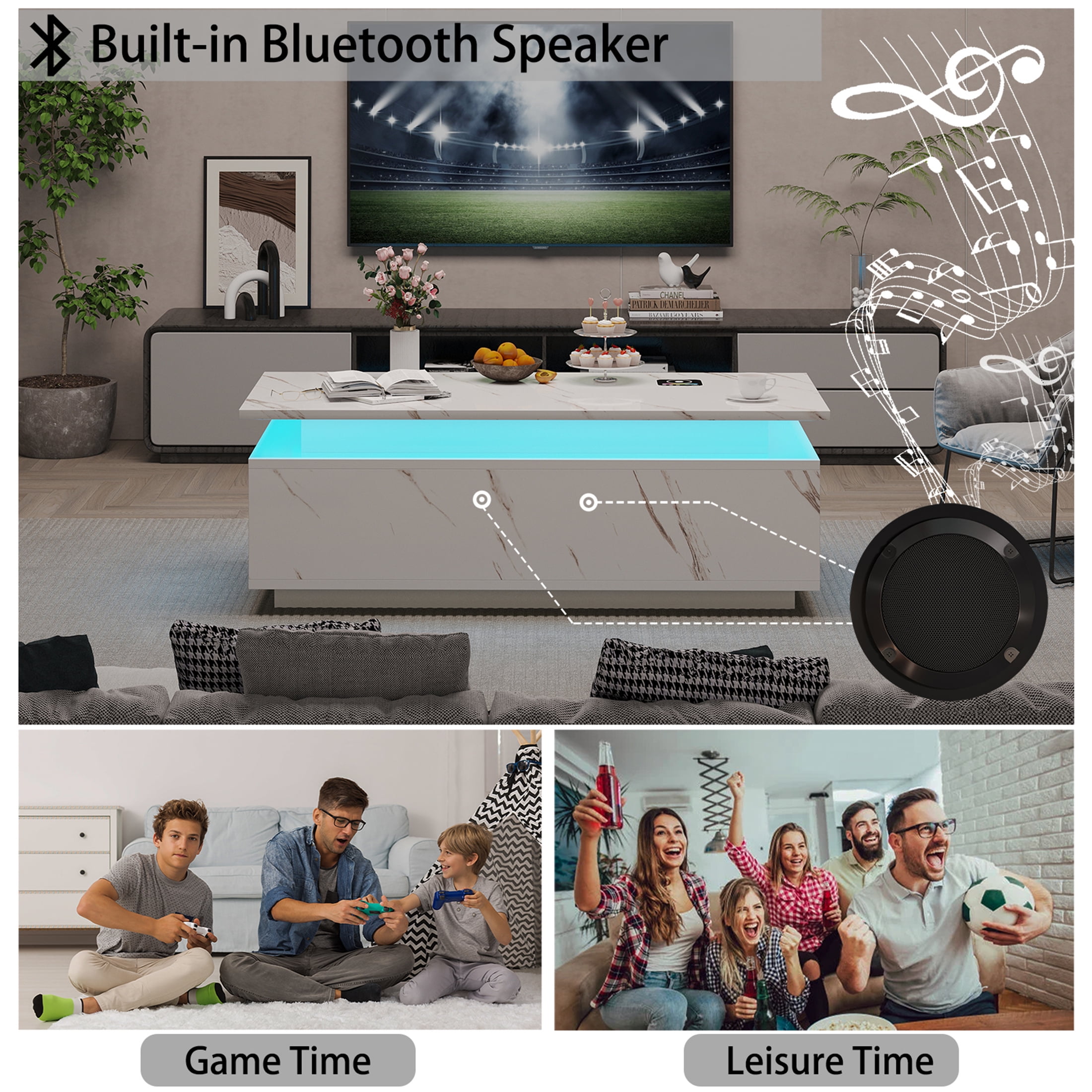 Yeahumalia Modern LED Coffee Table with Bluetooth Speaker, Wireless Charging, and Storage Organizer, White