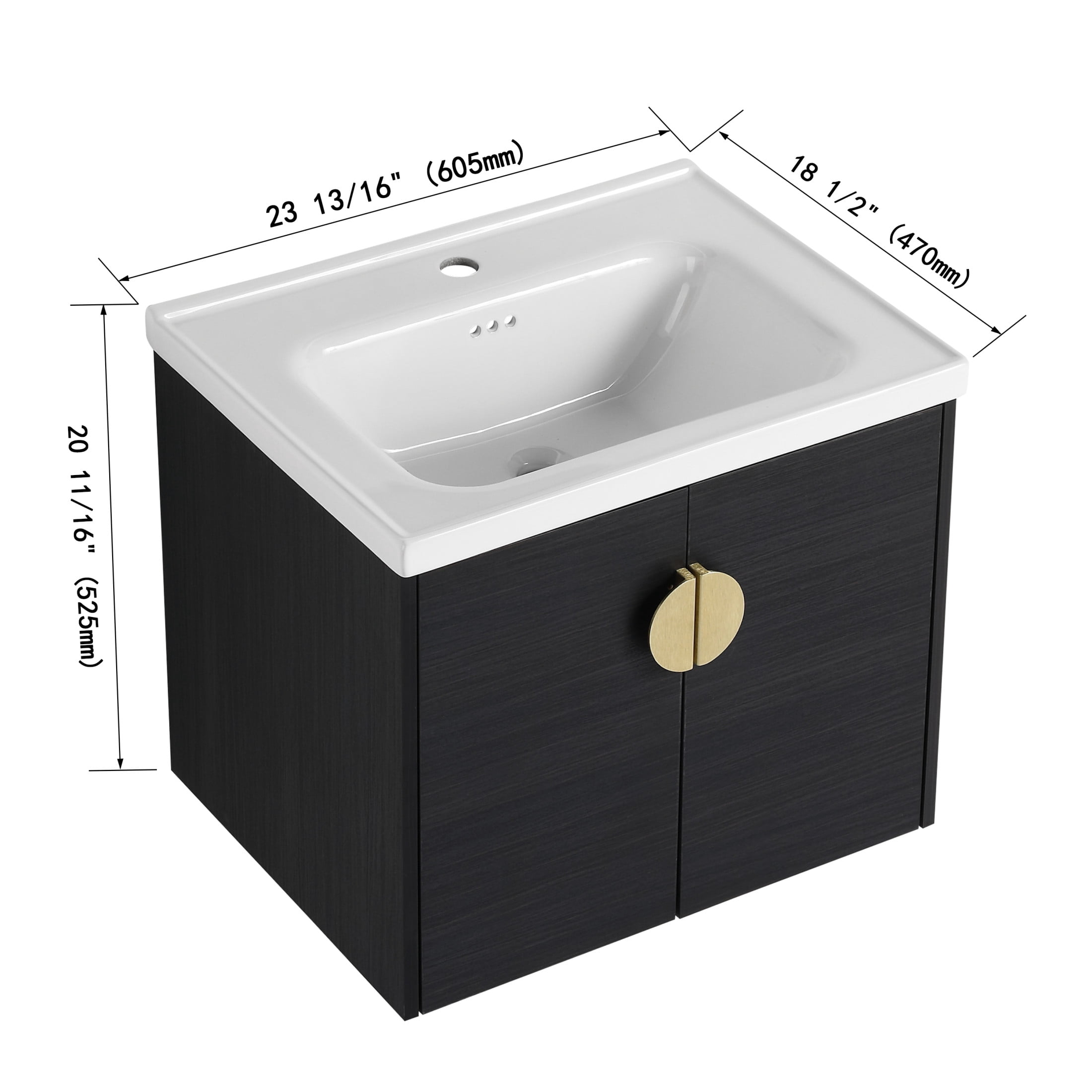 Noble House 24" Wall-Mounted Bathroom Vanity, Soft-Close Doors, Ceramic Sink, Metal Handles, Eco Plywood, Black