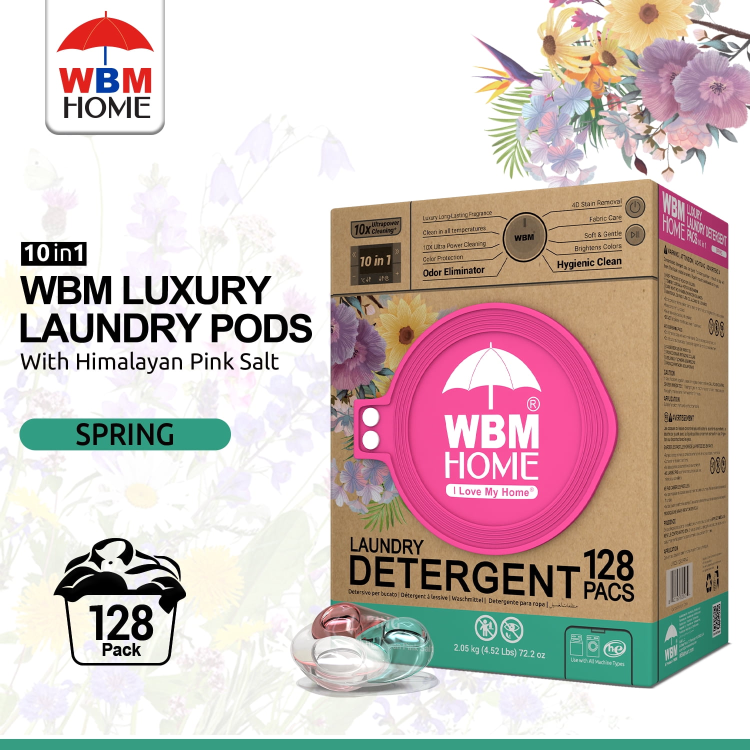 WBM Laundry Detergent Pods, Spring Fragrance, 128 Count, HE Concentrated, 10x Ultra Power