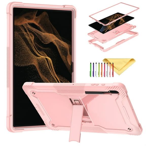SaniMore Case for Samsung Galaxy Tab S9 Ultra 2023 / S8 Ultra 2022 [SM-X910/X916B/X918U/X900/X906], Full-body 3 Layers Protective Cover Rugged Kickstand Hybrid Case with Pen Holder, Rosegold