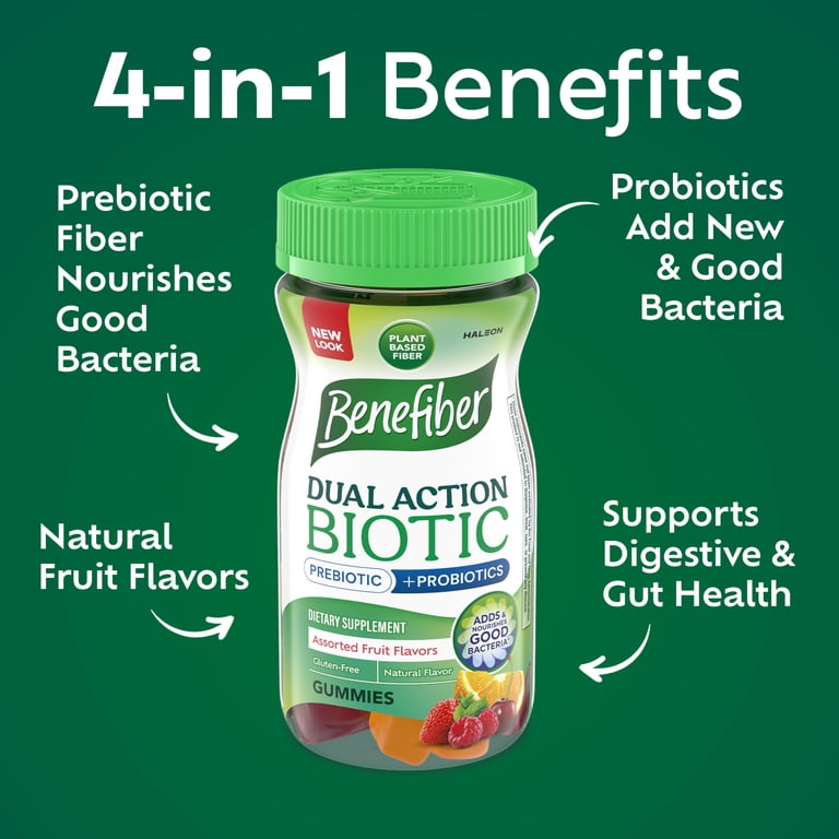 Benefiber Prebiotic Glp-1 Friendly Fiber Supplement Gummies with Probiotics  for Digestive Health, Assorted Fruit Flavors