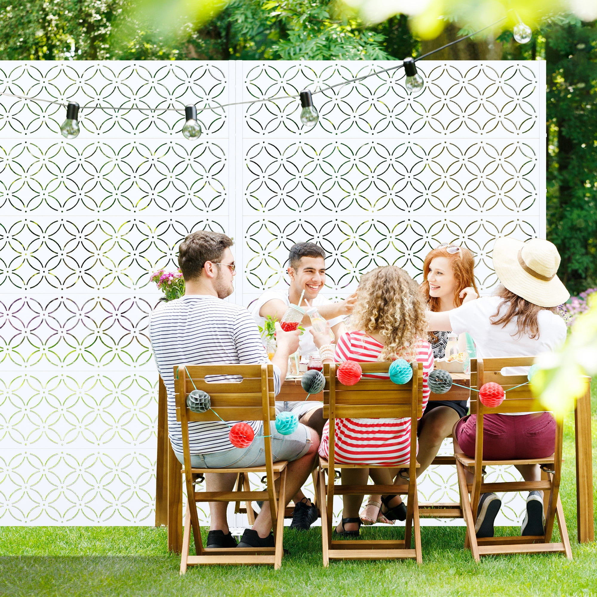 MAYEERTY 72*47" Outdoor White Metal Privacy Panel Screen for Patio, Coin Pattern
