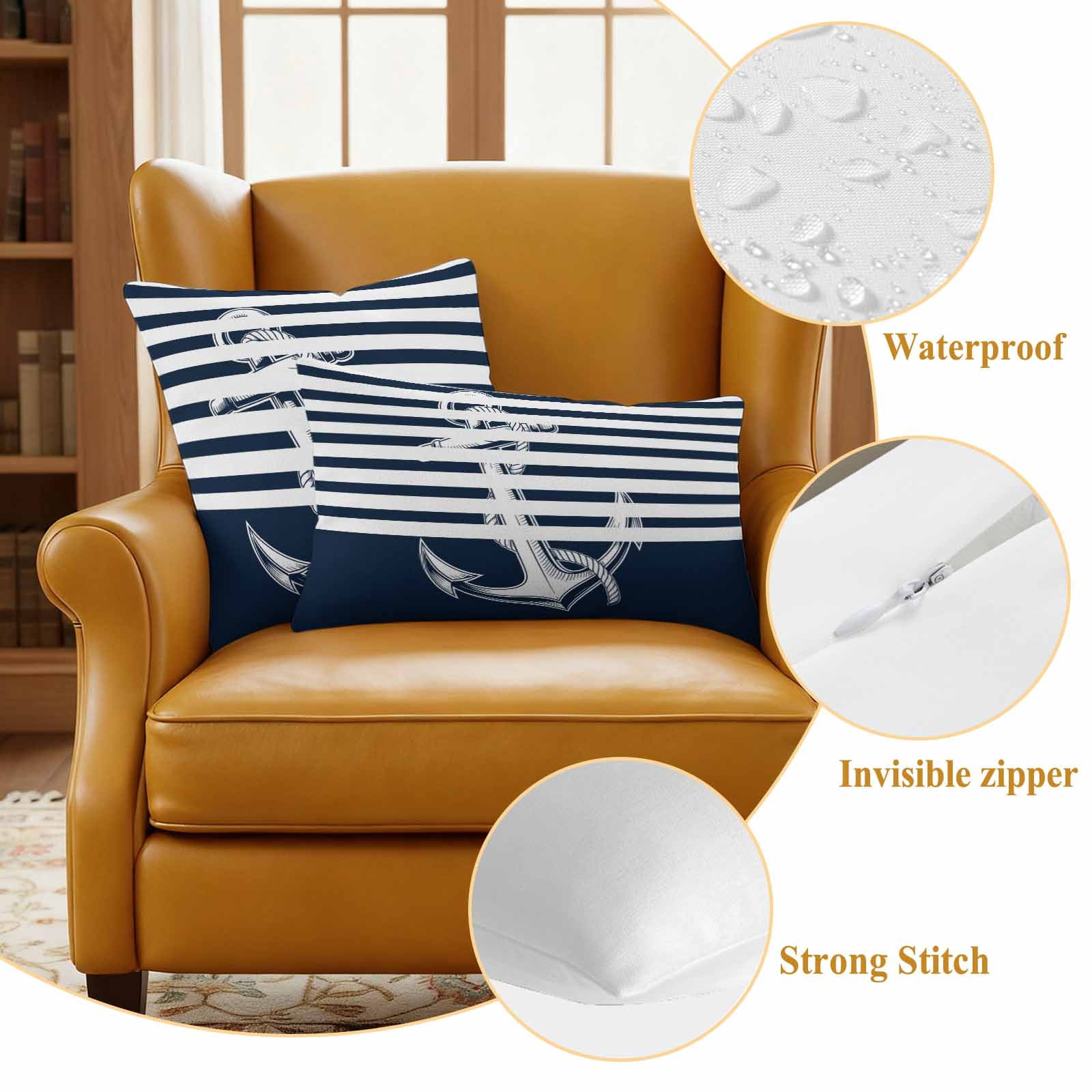 Navy Blue Anchor Outdoor Waterproof Pillow Covers, Nautical Coastal Abstract Art Decorative Square Throw Pillowcase Sofa Cushion Sham for Patio/Couch/Chair, 20"x20" 2 Pack