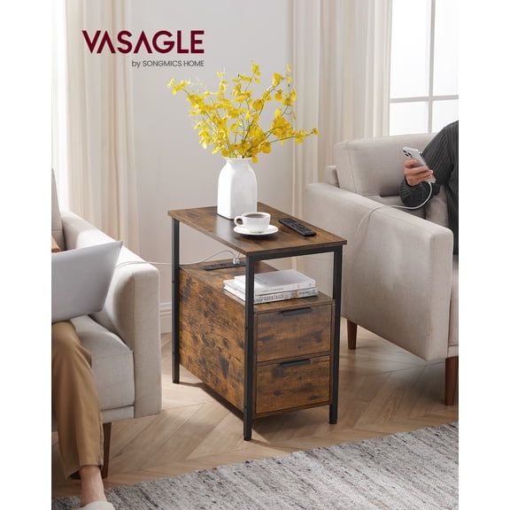 VASAGLE Side End Table with Charging Station, Slim Nightstand with 2 Drawers, Narrow Bedside Table for Living Room, Small Spaces, Rustic Brown and Ink Black
