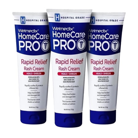 Welmedix HomeCare Pro Rapid Relief Diaper Rash Cream with Zinc Oxide, Skin Protectant for Adults & Babies with Fragile Skin - 4 oz Tube (3 Pack)