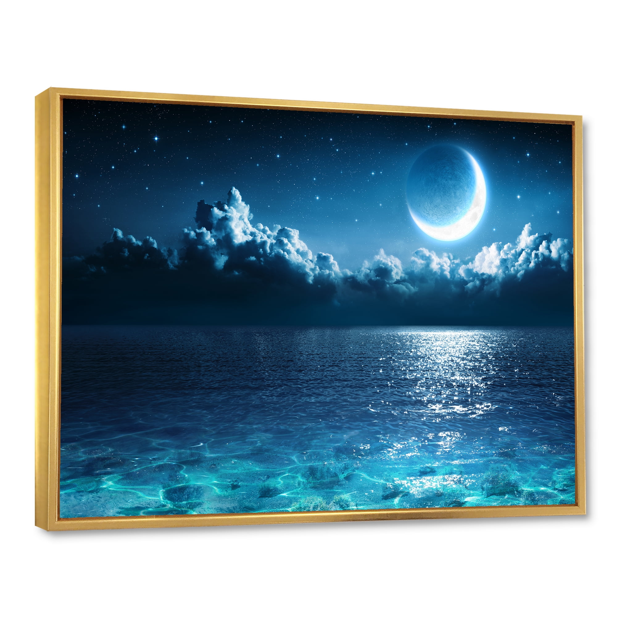 Designart 'Romantic Moon and Clouds Over Deep Blue Sea I' Nautical & Coastal Framed Canvas Wall Art Print