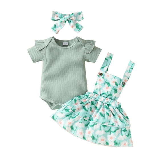 Musuos Baby Girls Summer Outfit 3 6 9 12 18M Short Sleeves Ribbed Rompers and Floral Suspender Skirt Headband 3 Piece Clothes Set