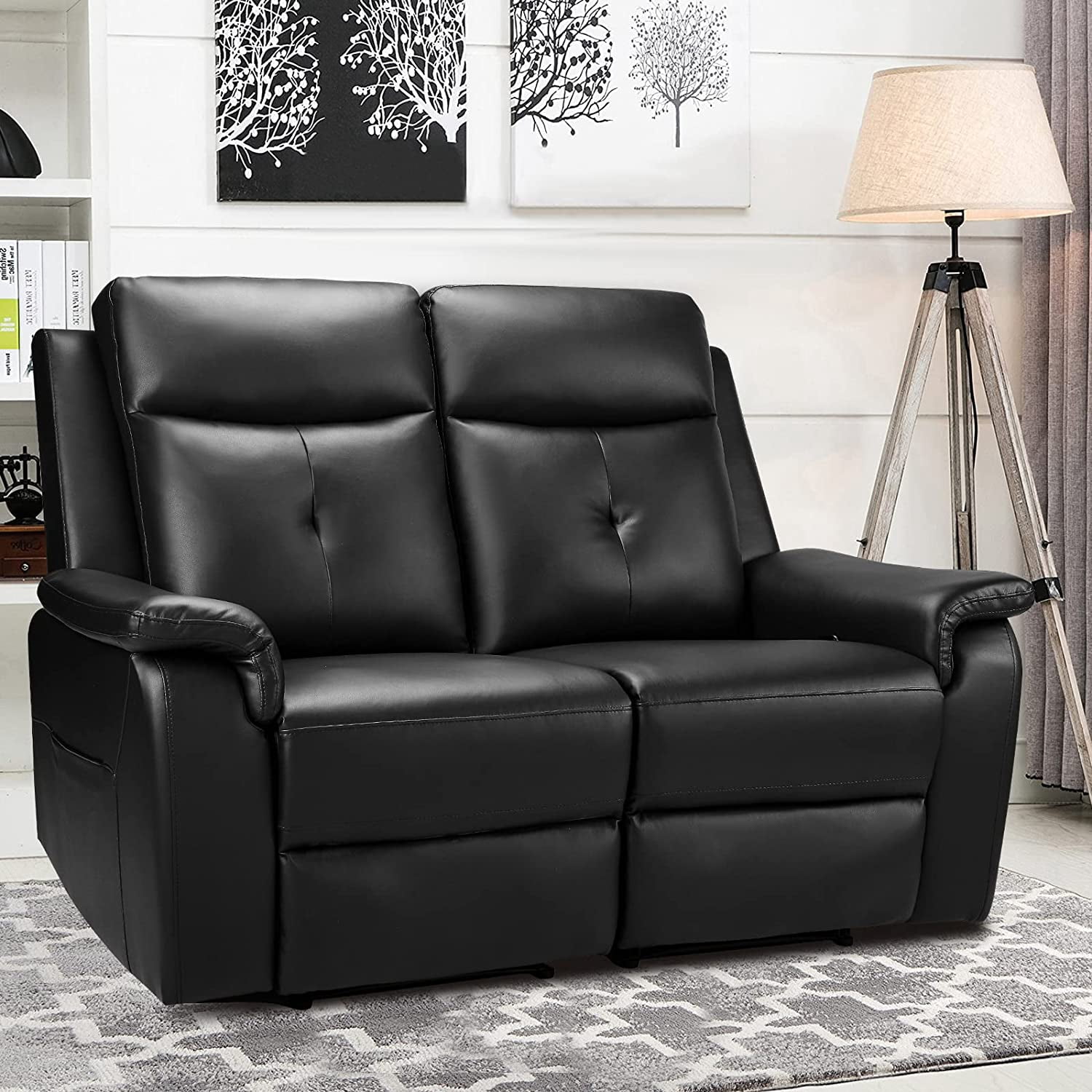 LVUYOYO Modern PU Leather Reclining Loveseat, Black