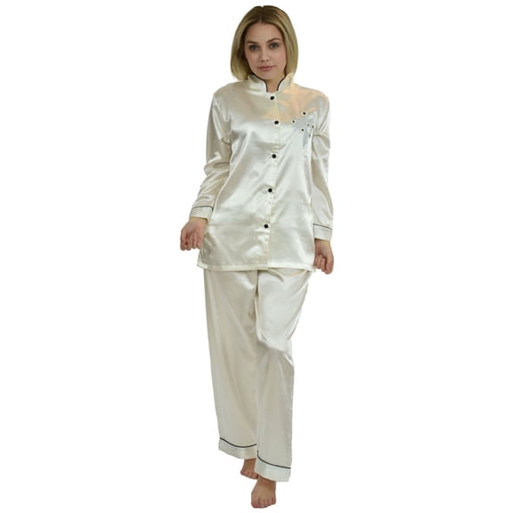 Up2date Fashion Women’s Satin Pajama Set, Button Down Long Sleeve Sleepwear with Mandarin Collar, 2 Piece Silky PJs Loungewear